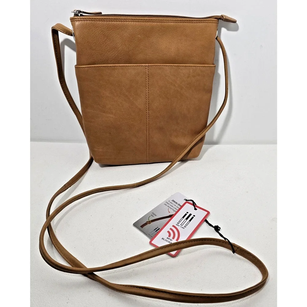 ILI New York Midi Sac Crossbody Saddle Brown Leather Zippers RFID NEW